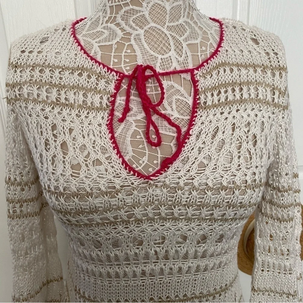 Tommy Bahama Cream White Crochet Dress Linen CoverUp Long sleeve XS